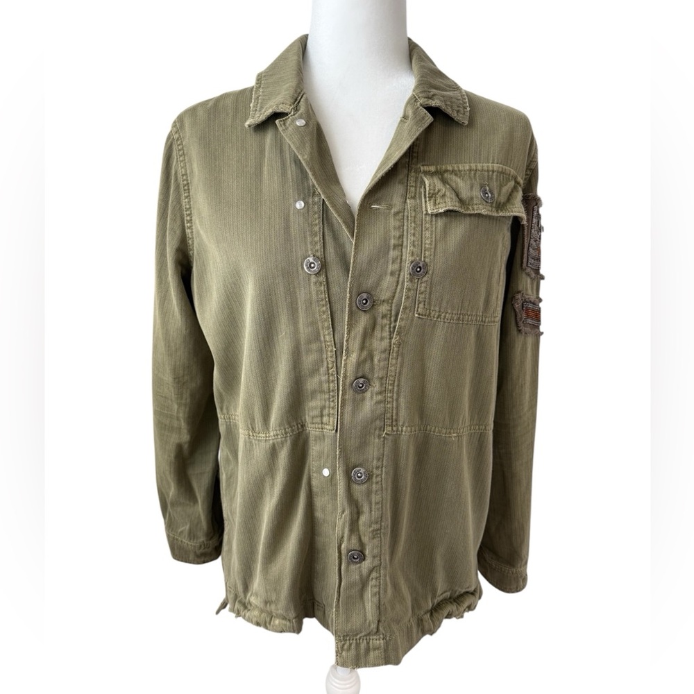 Free People Embellished Military Utlilty Style Shirt Jacket Olive Green Cotton - Picture 5 of 9